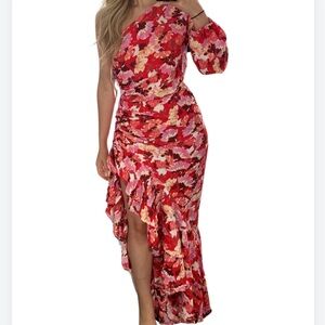 Floral one-shoulder ruffle trim split thigh dress